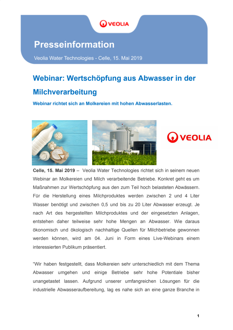 Neues Webinar: Wertschöpfung aus Abwasser in der Milchverarbeitung