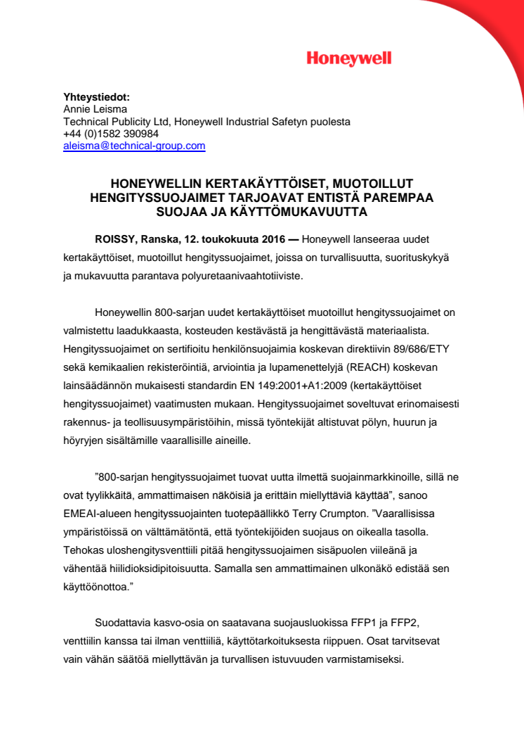  Honeywellin kertakäyttöiset, muotoillut hengityssuojaimet tarjoavat entistä parempaa suojaa ja käyttömukavuutta