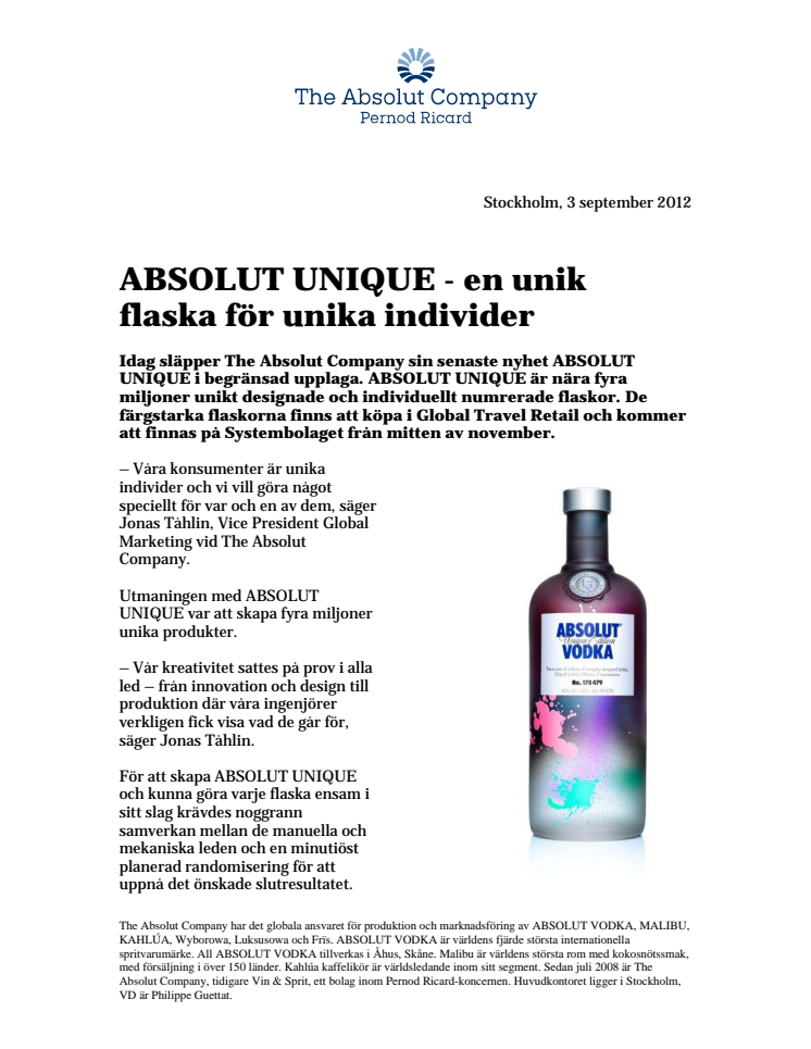 ABSOLUT UNIQUE - en unik flaska för unika individer