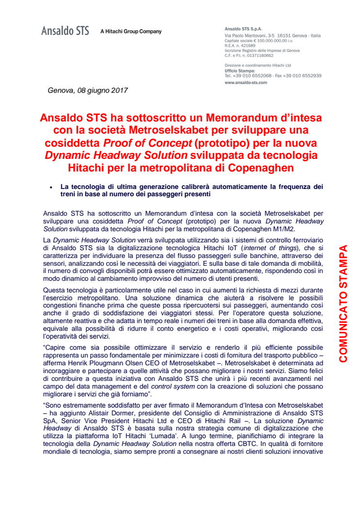 Ansaldo STS: Memorandum d’intesa con la società Metroselskabet 