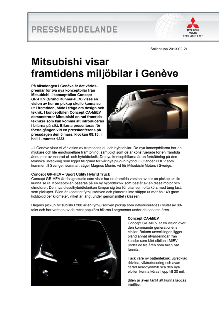 Mitsubishi visar framtidens miljöbilar i Genéve