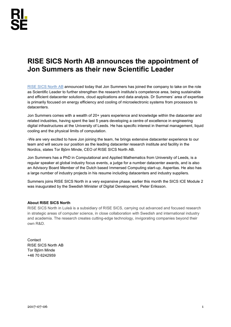 RISE SICS rekryterar globalt erkänd forskningsprofil som ny forskningchef för datacenter i Luleå