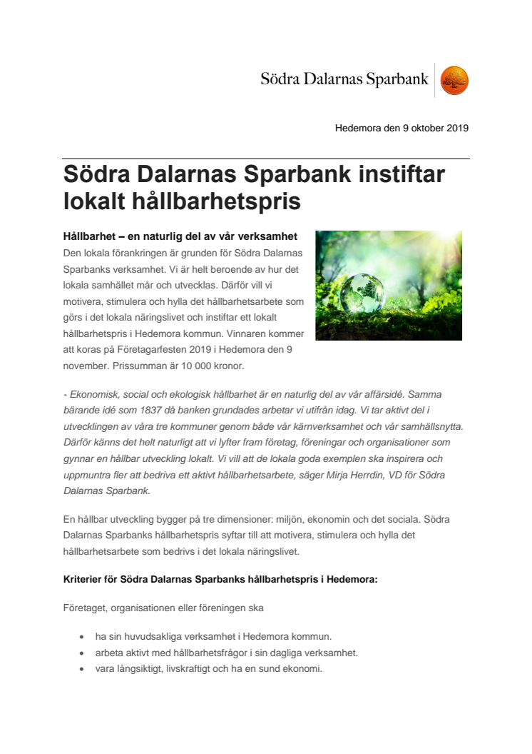 Södra Dalarnas Sparbank instiftar lokalt hållbarhetspris
