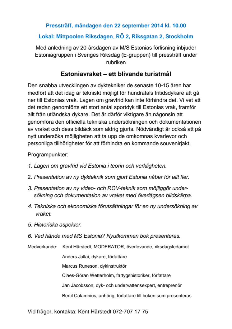 Inbjudan till seminarium om Estoniavraket och presentation av ny bok om Estoniakatastrofen