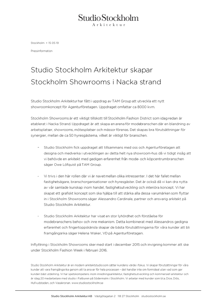 Pressinformation Studio Stockholm Arkitektur
