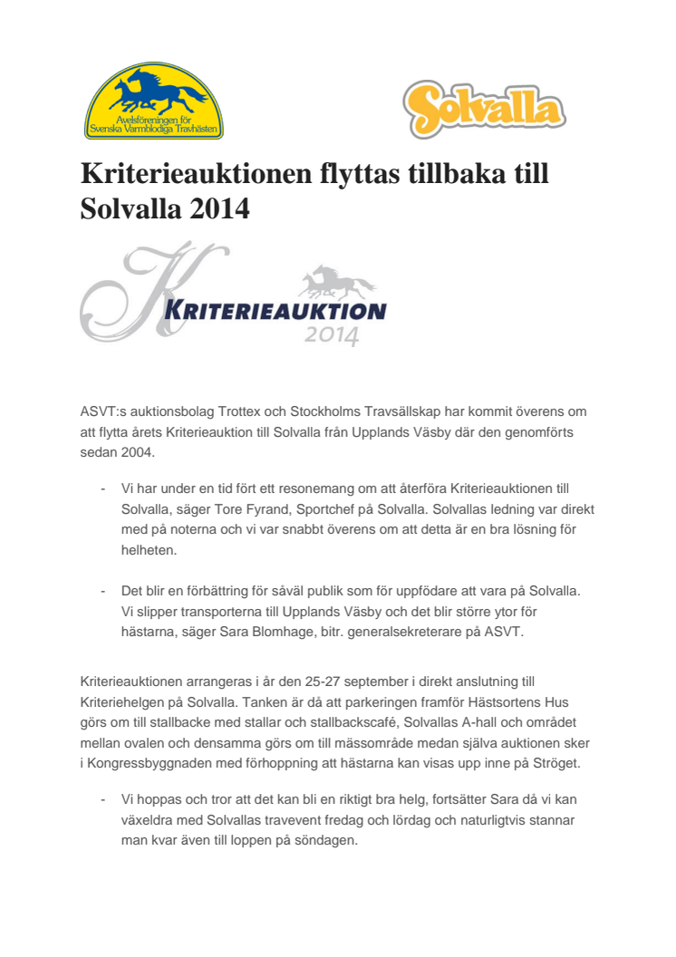 Kriterieauktionen flyttas tillbaka till Solvalla 2014