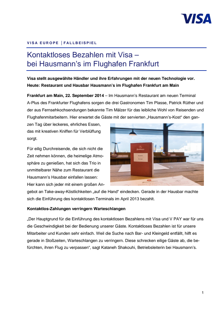 Kontaktloses Bezahlen mit Visa – bei Hausmann’s im Flughafen Frankfurt