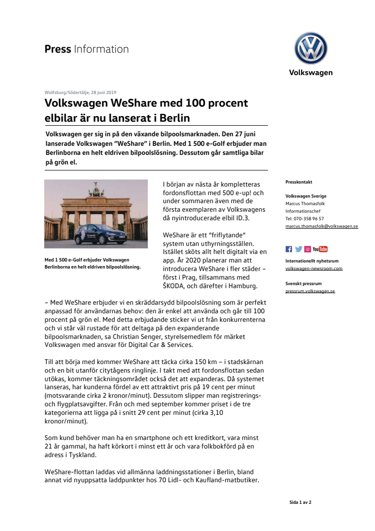 Volkswagen WeShare med 100 procent elbilar är nu lanserat i Berlin