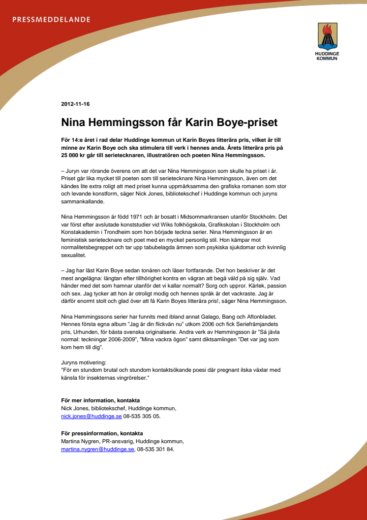 Nina Hemmingsson får Karin Boye-priset