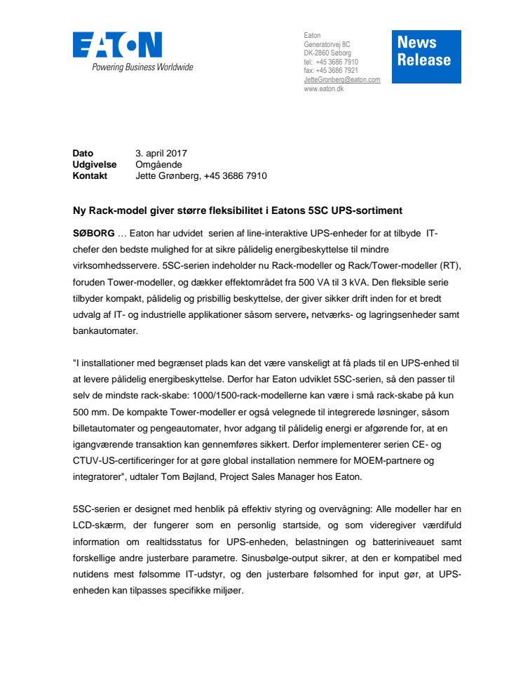  Ny Rack-model giver større fleksibilitet i Eatons 5SC UPS-sortiment