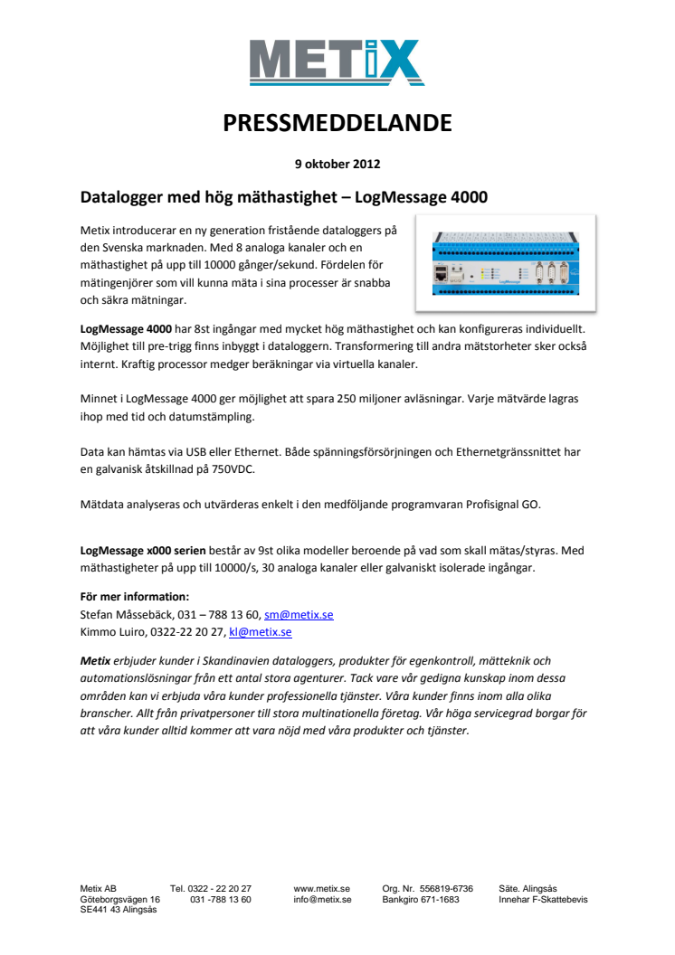 Datalogger med hög mäthastighet – LogMessage 4000