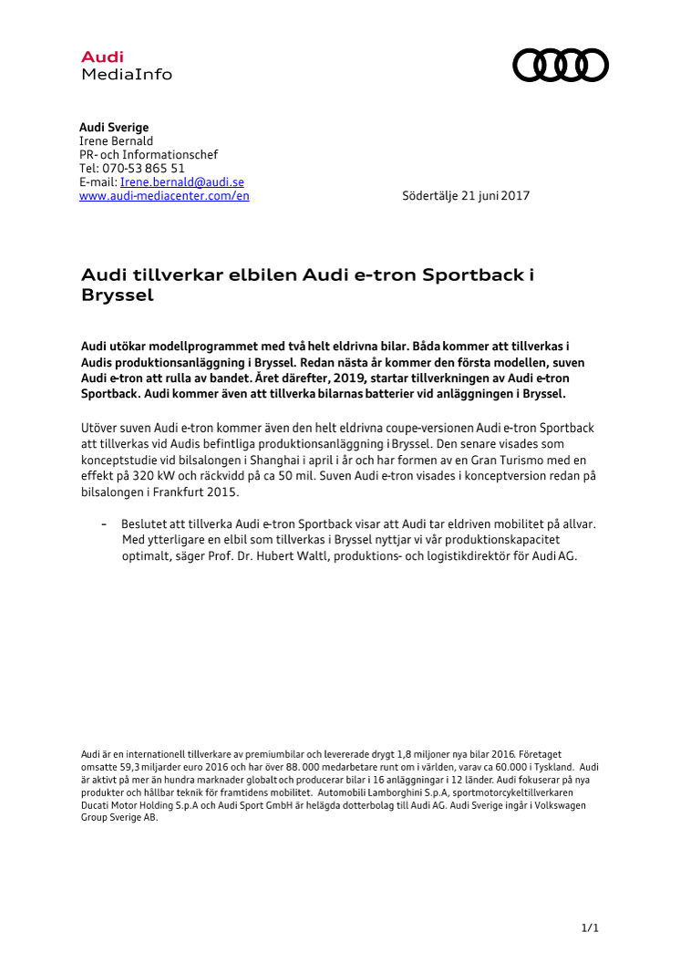 Audi tillverkar elbilen Audi e-tron Sportback i Bryssel