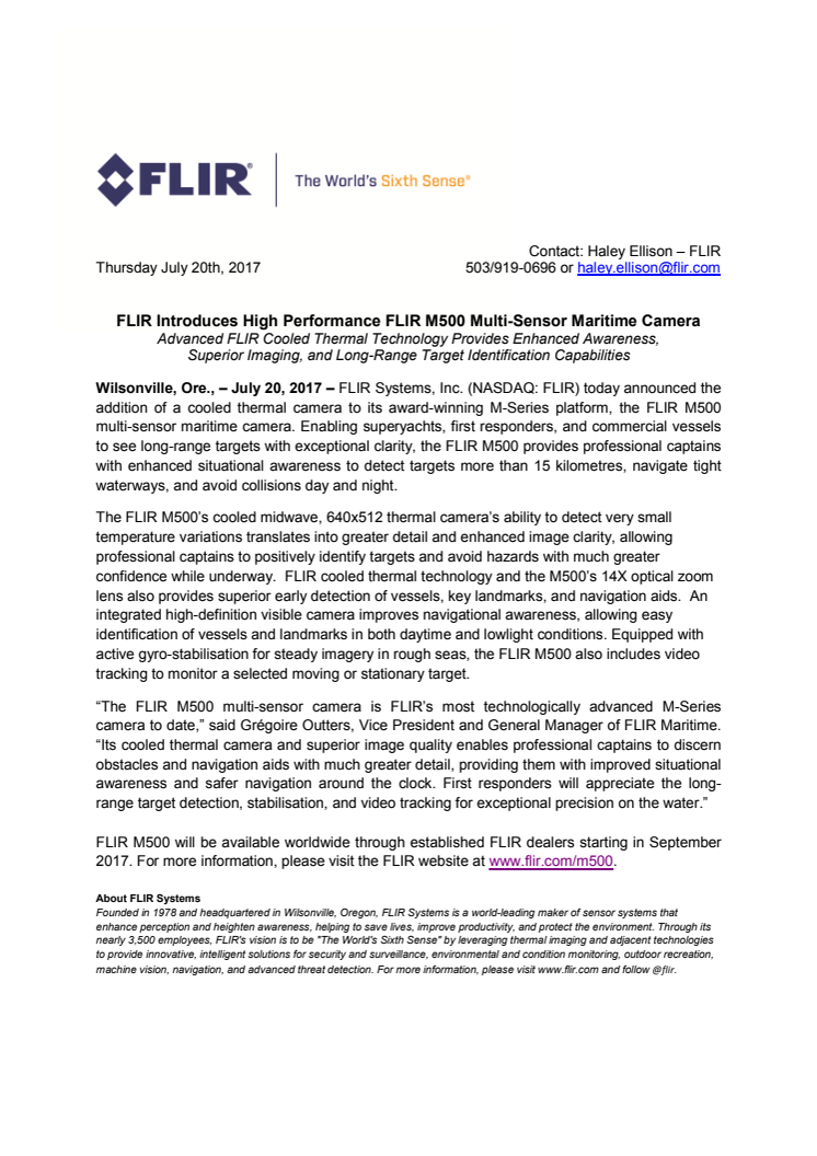 FLIR Introduces High Performance FLIR M500 Multi-Sensor Maritime Camera