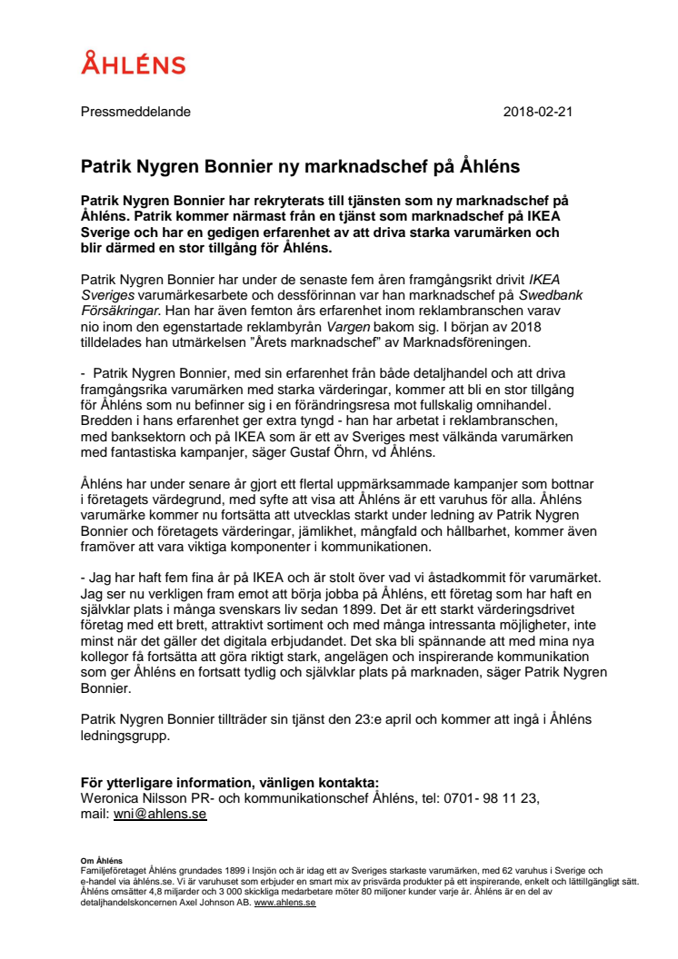 Patrik Nygren Bonnier ny marknadschef på Åhléns