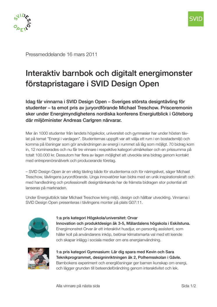 Interaktiv barnbok och digitalt energimonster förstapristagare i SVID Design Open