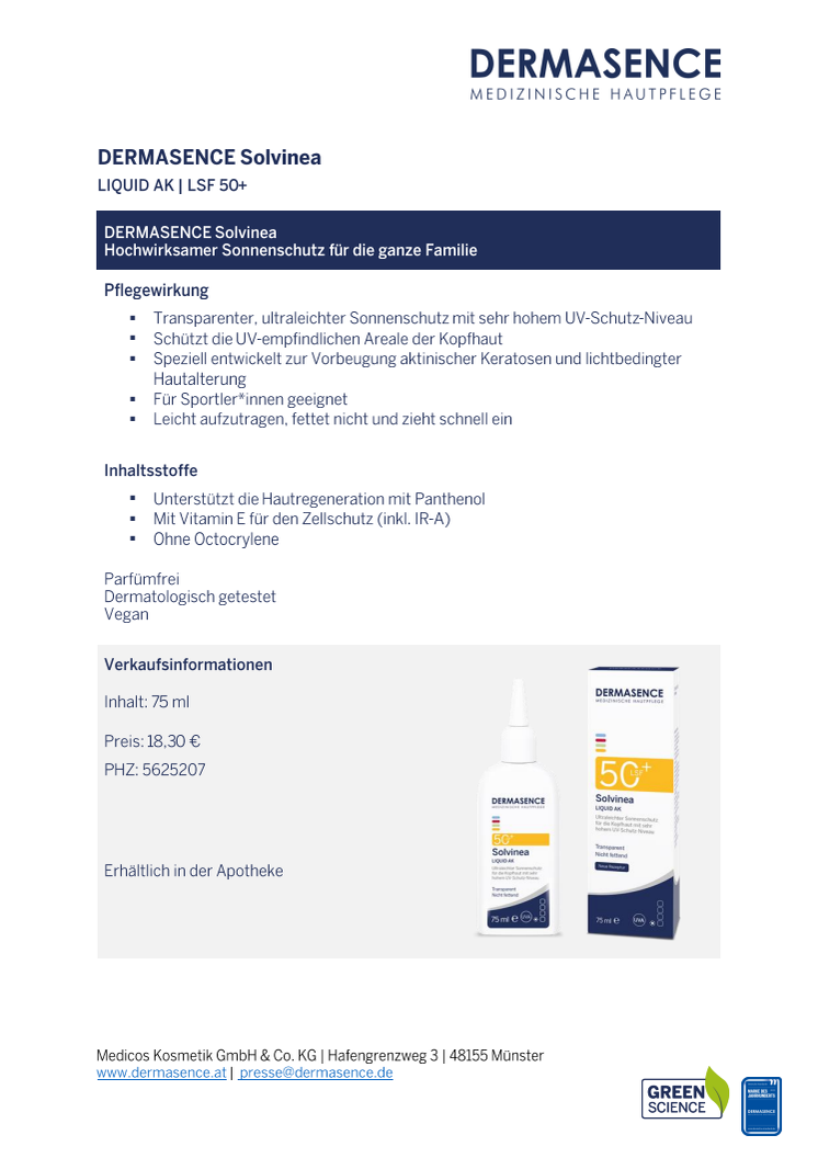 Factsheet AT: DERMASENCE Solvinea Liquid AK LSF 50+