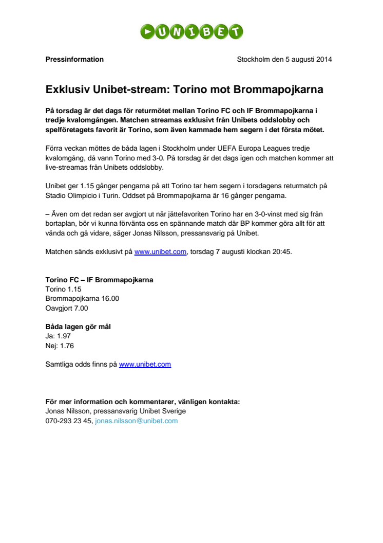 Exklusiv Unibet-stream: Torino mot Brommapojkarna 