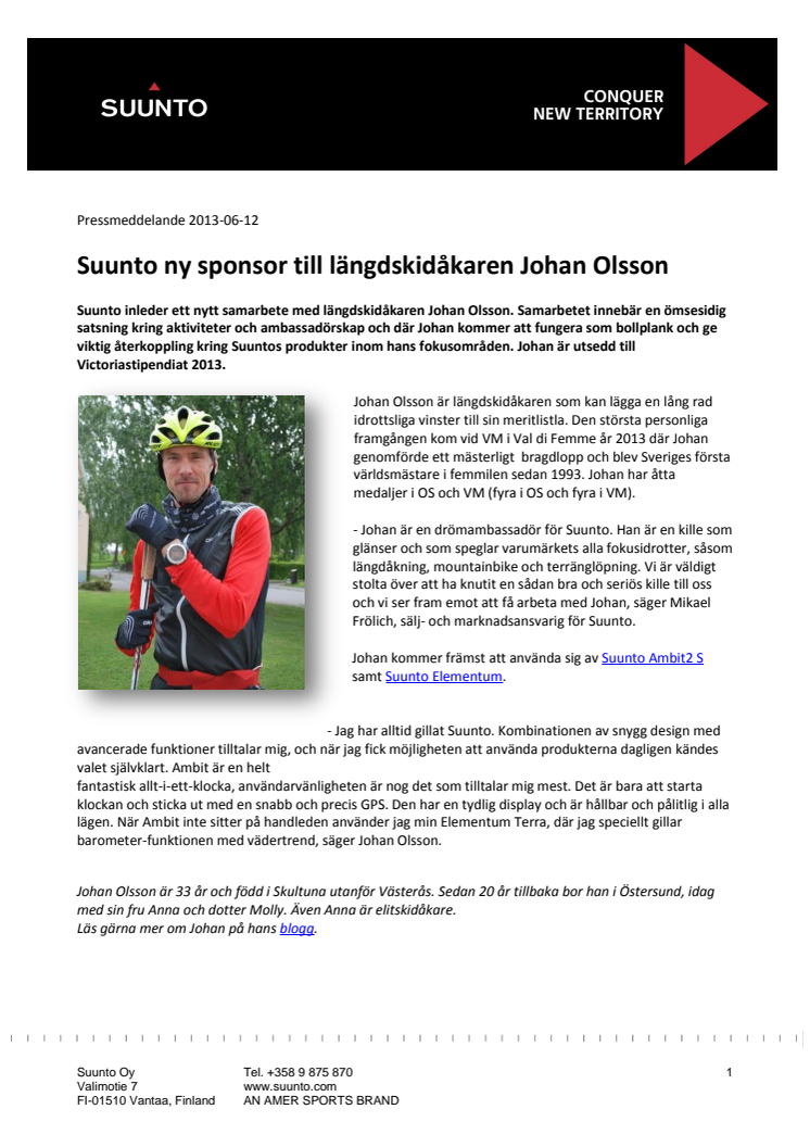 Suunto ny sponsor till längdskidåkaren Johan Olsson