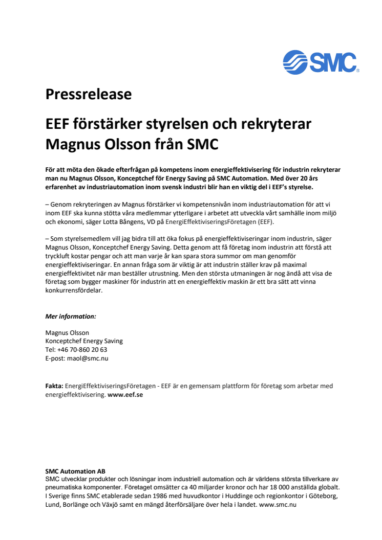 EEF förstärker styrelsen och rekryterar Magnus Olsson från SMC