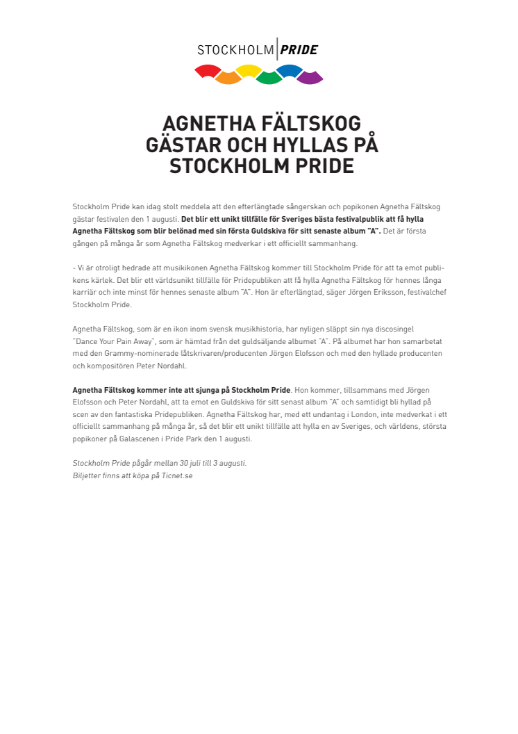 Agnetha Fältskog gästar och hyllas på Stockholm Pride
