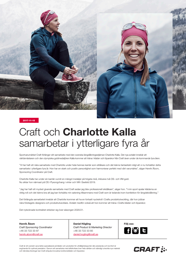Craft och Charlotte Kalla samarbetar i ytterligare fyra år