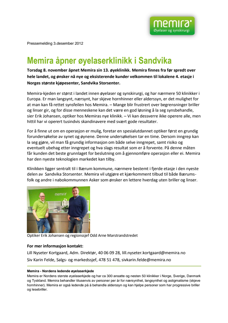 Memira åpner øyelaserklinikk i Sandvika