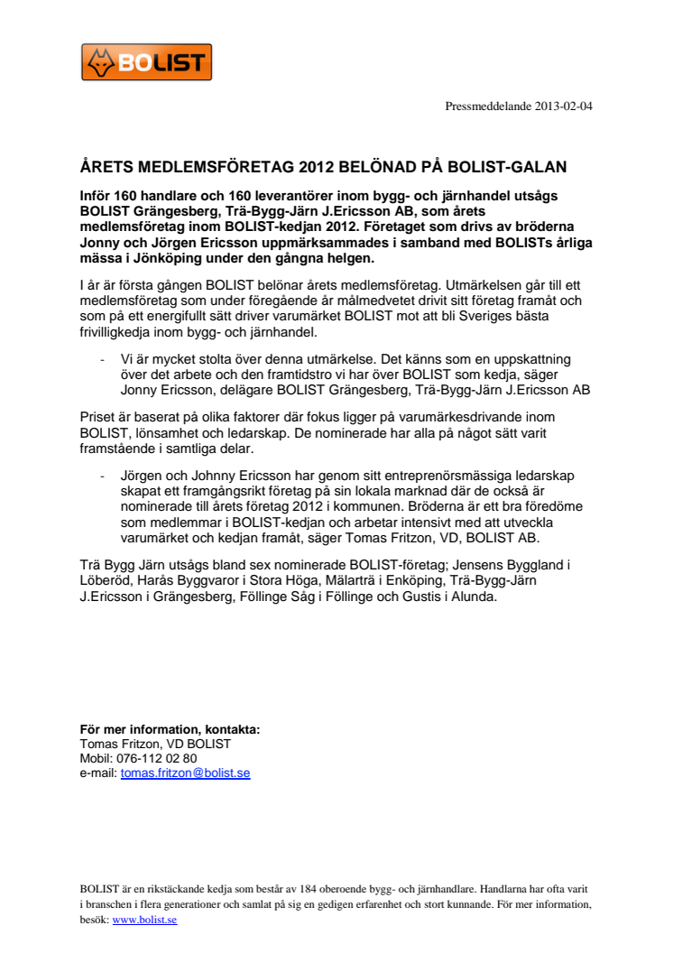 ÅRETS MEDLEMSFÖRETAG 2012 BELÖNAD PÅ BOLIST-GALAN