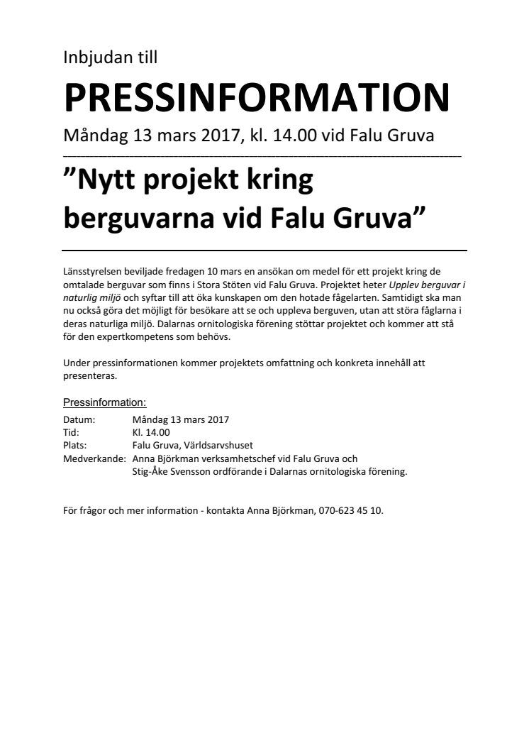 Pressinformation måndag 13 mars kl 14.00, Falu Gruva
