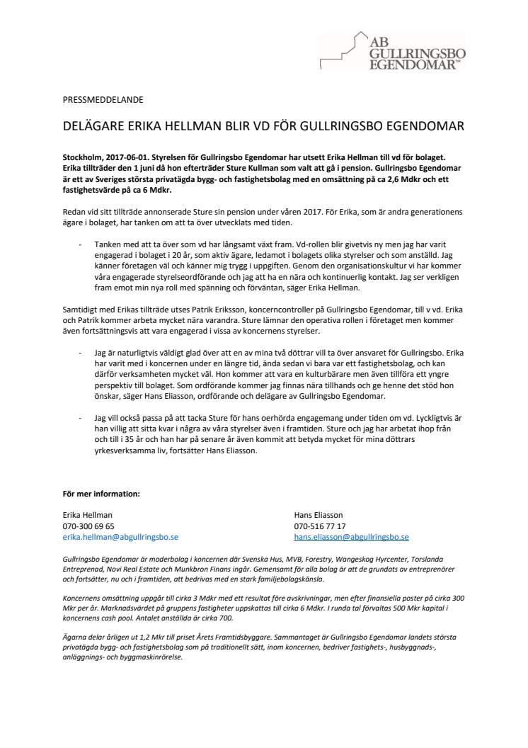 Delägare Erika Hellman blir vd för moderbolaget Gullringsbo Egendomar