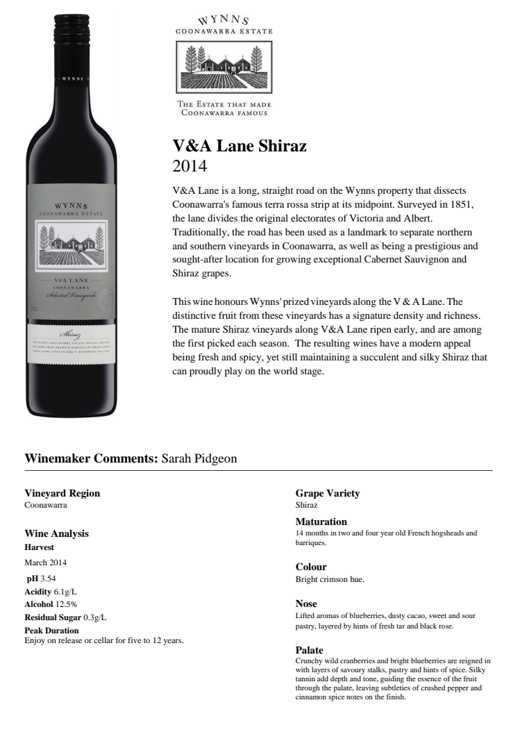 Tasting Notes Wynns V&A Lane Shiraz 2014