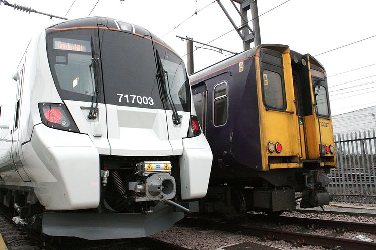 Old and new Class 717 and 313 Moorgate trains at Hornsey depot