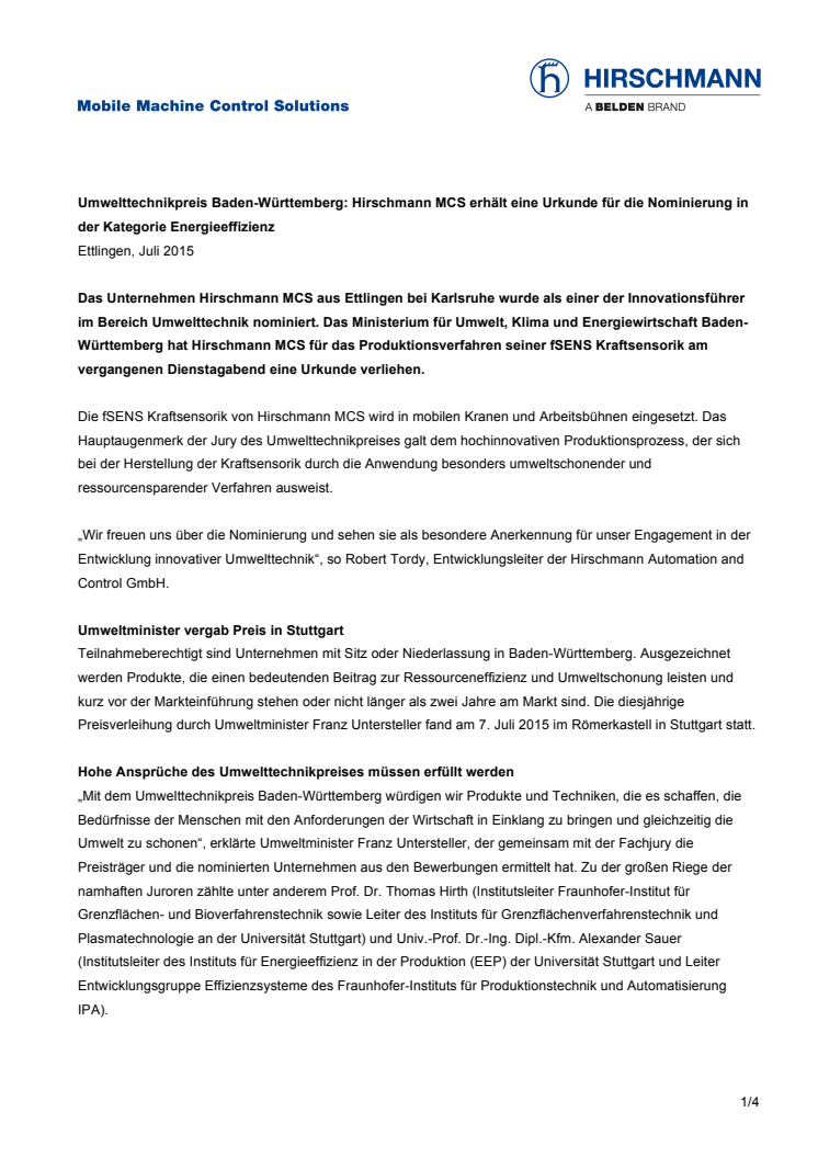 Umwelttechnikpreis Baden-Württemberg: Hirschmann MCS erhält eine Urkunde für die Nominierung in der Kategorie Energieeffizienz 