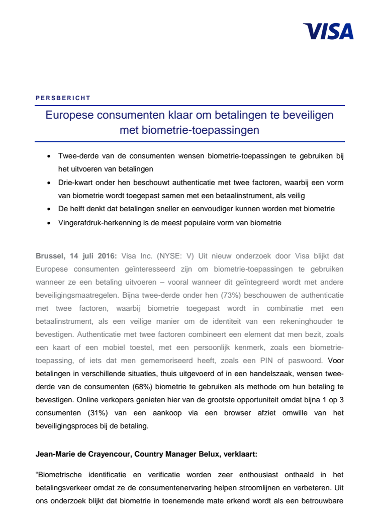 ​Europese consumenten klaar om betalingen te beveiligen met biometrie-toepassingen