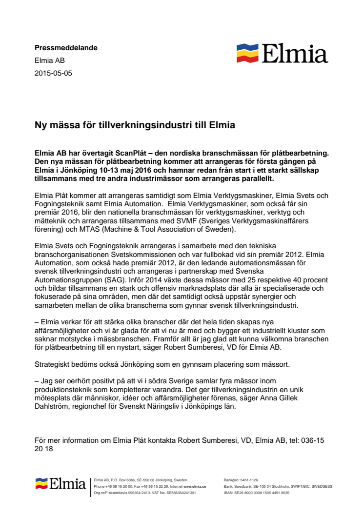 ​Ny mässa för tillverkningsindustri till Elmia