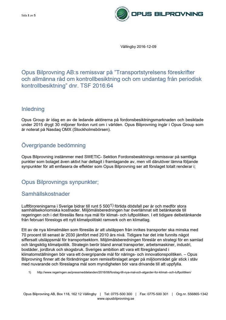 Opus Bilprovning föreslår skärpta gränsvärden för att Sverige ska nå klimatmålen!