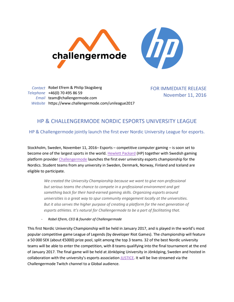 HP & Challengermode jointly launch the first Nordic University League for esports. 