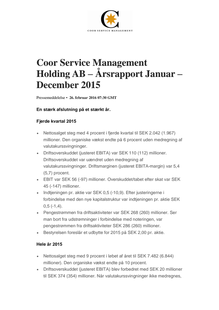​​​Coor Service Management Holding AB – Årsrapport Januar – December 2015 