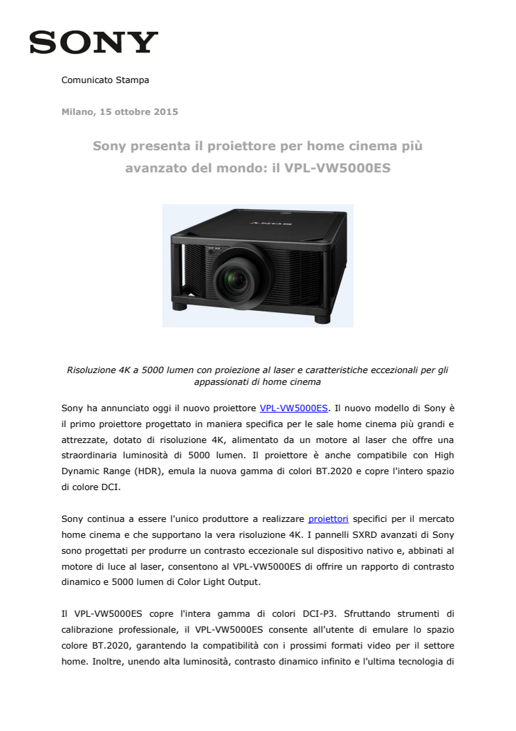 Sony presenta il proiettore per home cinema più avanzato del mondo: il VPL-VW5000ES 