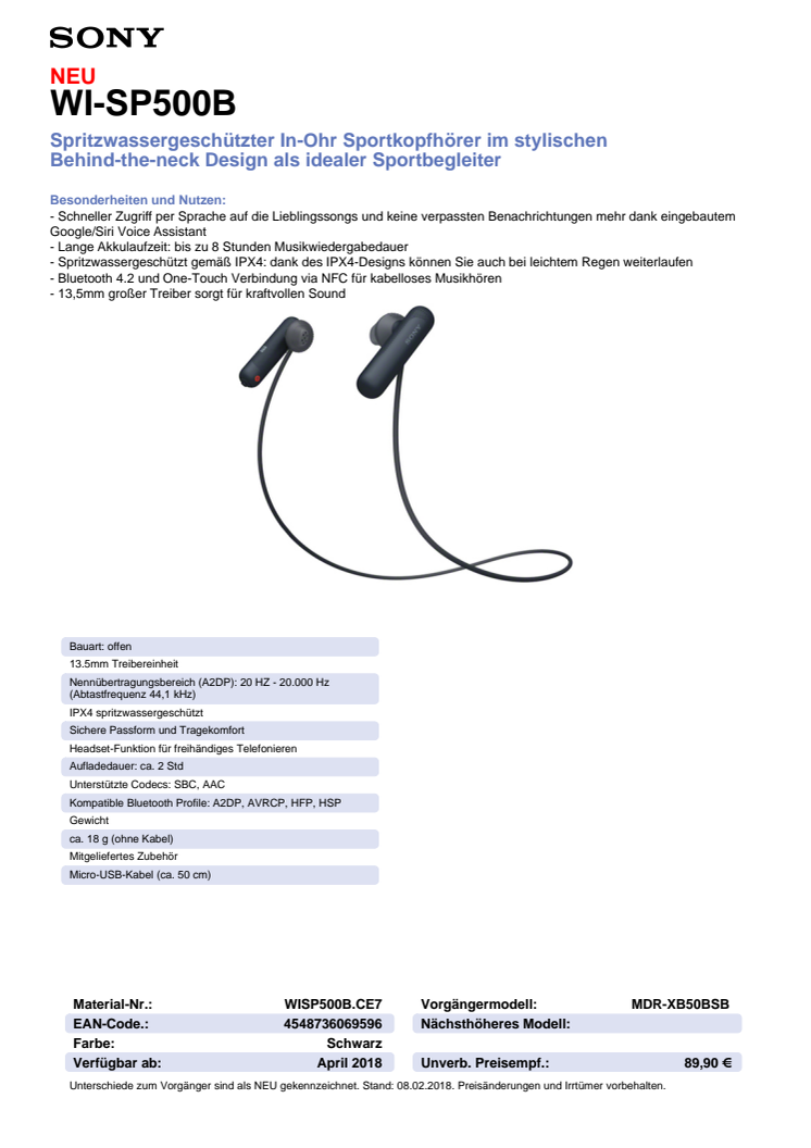 Datenblatt Kopfhörer WI-SP500 von Sony
