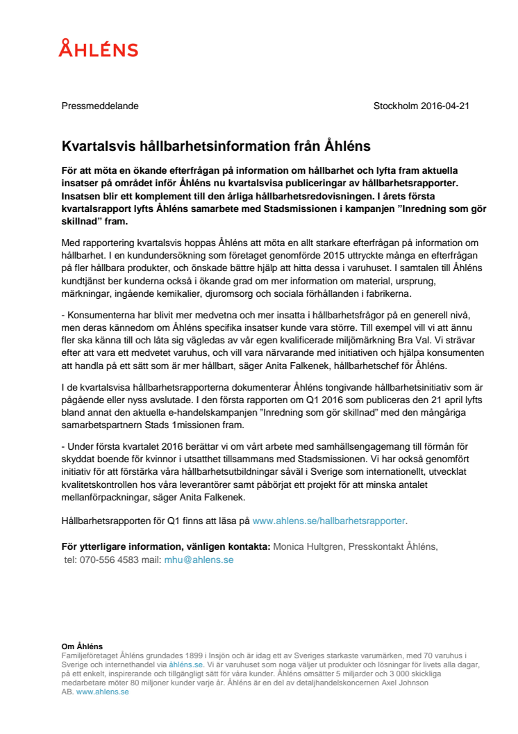 Kvartalsvis hållbarhetsinformation från Åhléns