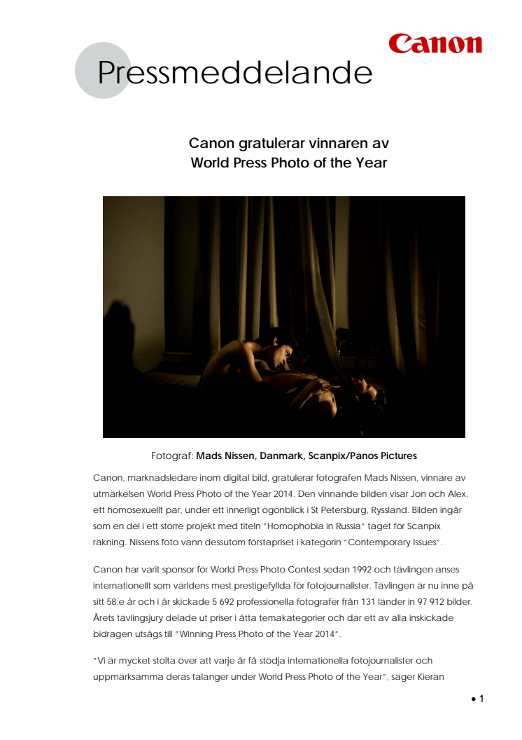  Canon gratulerar vinnaren av  World Press Photo of the Year 