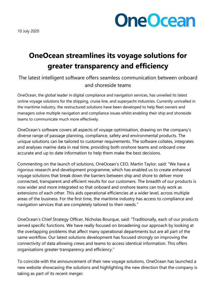 OneOcean streamlines its voyage solutions for greater transparency and efficiency