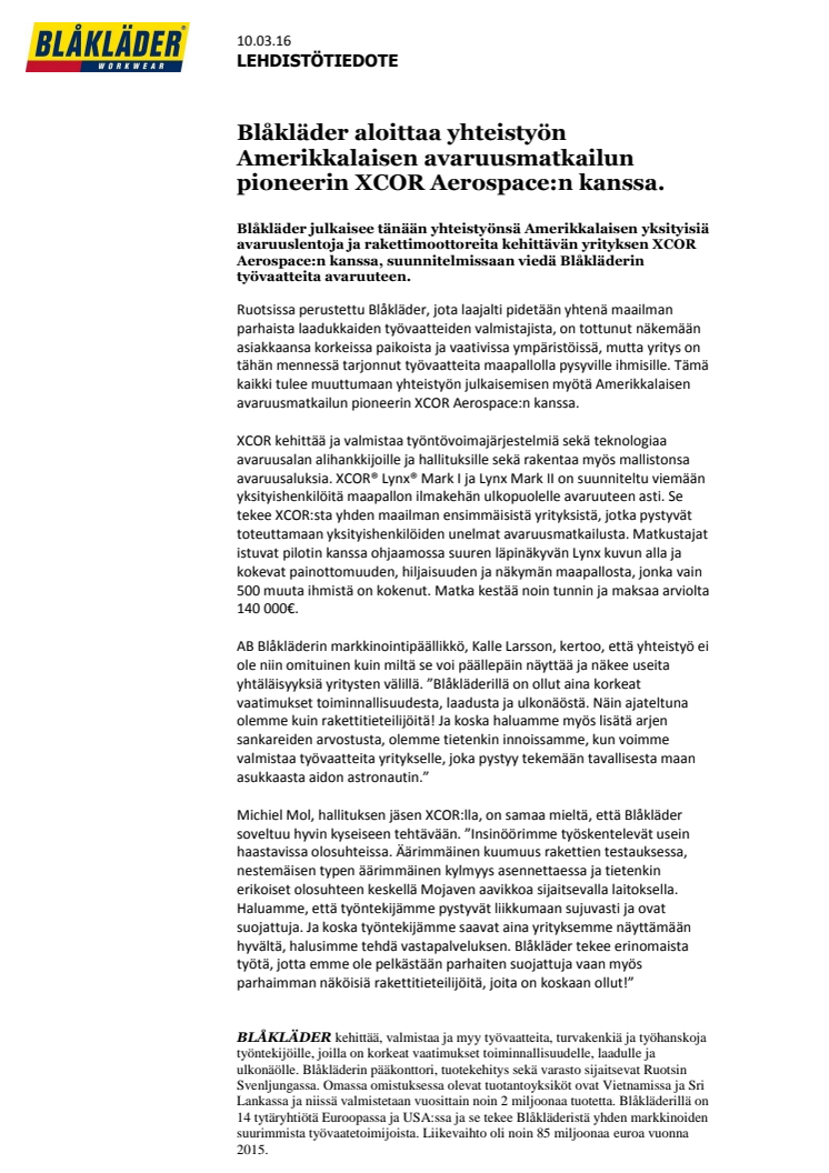 Blåkläder aloittaa yhteistyön Amerikkalaisen avaruusmatkailun pioneerin XCOR Aerospace:n kanssa