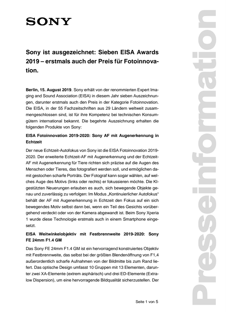 Sony ist ausgezeichnet: Sieben EISA Awards 2019 – erstmals auch der Preis für Fotoinnovation. 