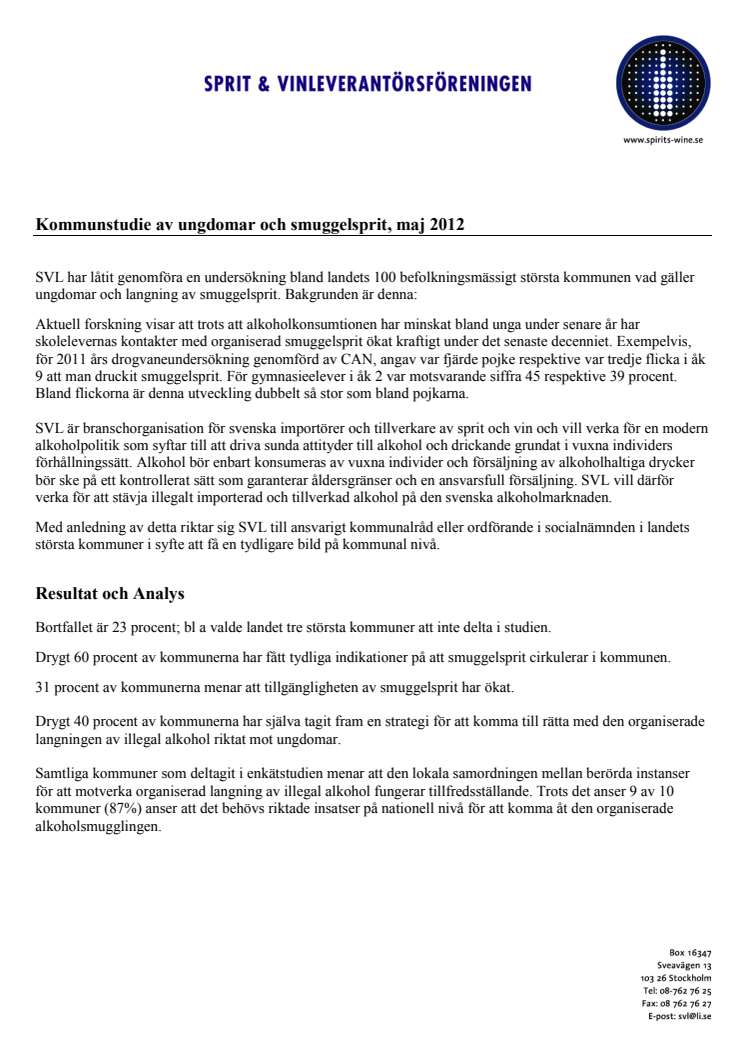 Kommunstudie:ungdomar och smuggelsprit 2012