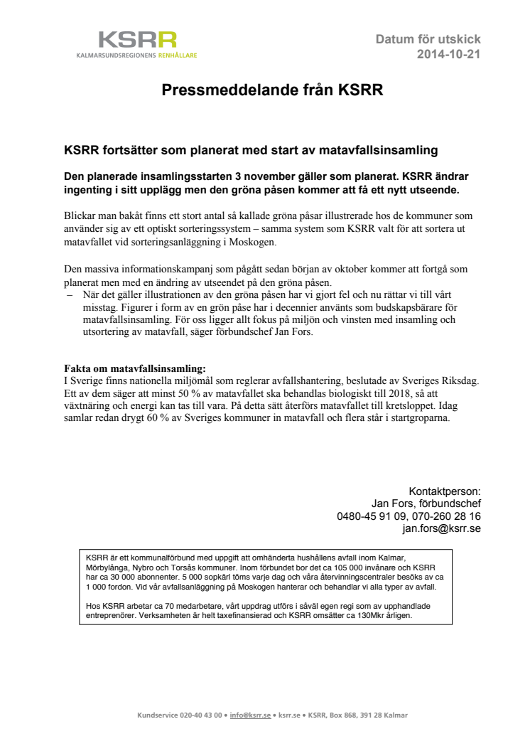 KSRR fortsätter som planerat med start av matavfallsinsamling