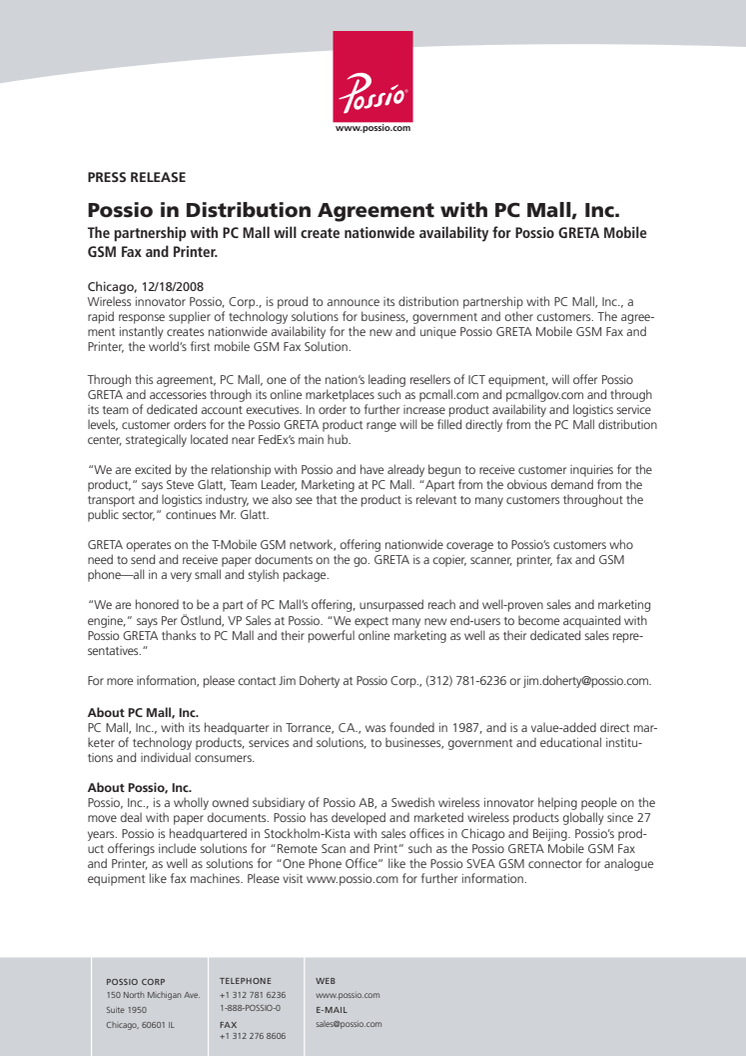Possio in Distribution Agreement with PC Mall, Inc.