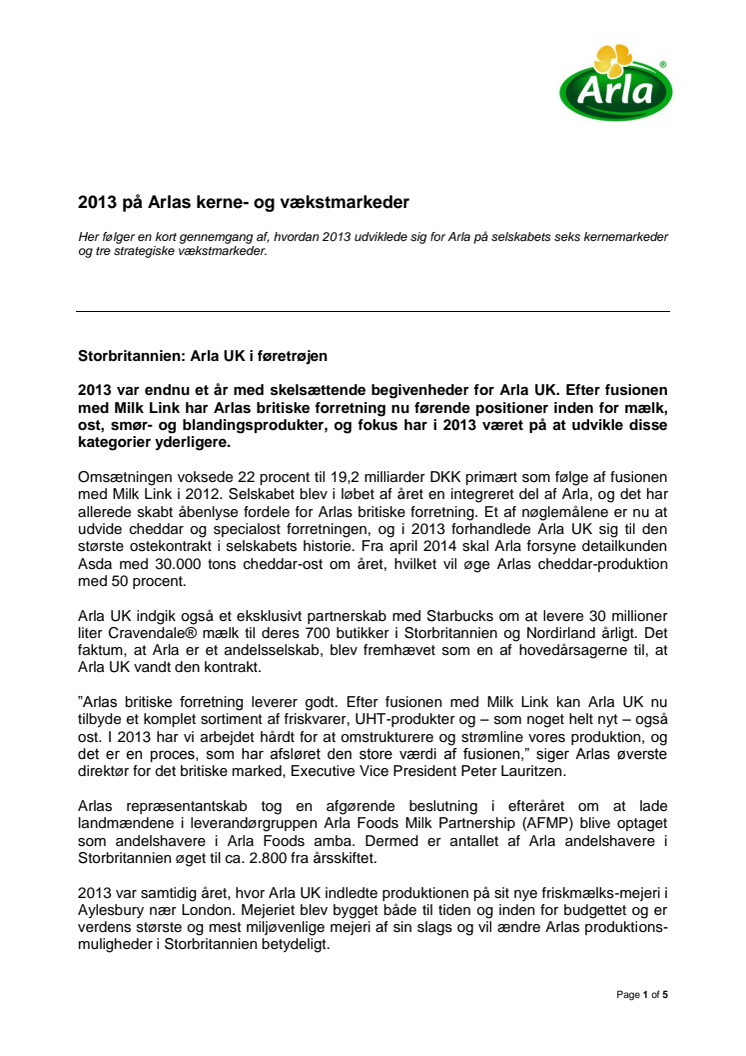 Arlas kerne- og vækstmarkeder i 2013