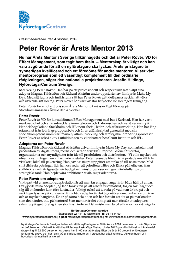 Peter Rovér är Årets Mentor 2013