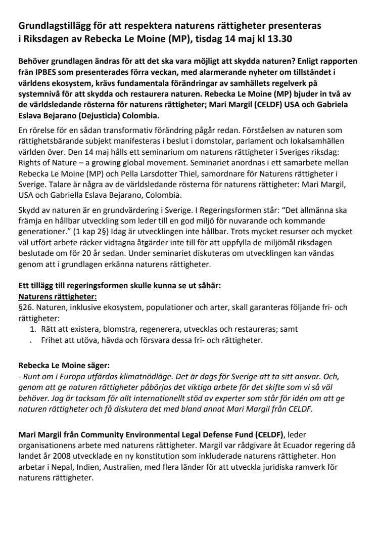 PRESSINBJUDAN: Grundlagstillägg för att respektera naturens rättigheter presenteras i Riksdagen av Rebecka Le Moine (MP), tisdag 14 maj kl 13.30